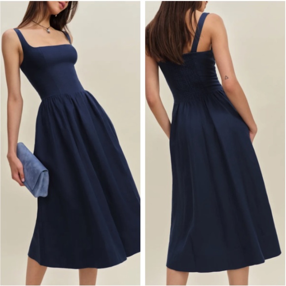 NEW Reformation Janu Linen Midi Dress - Danube Navy Blue Causal Wedding